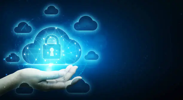 Photo of Cloud computing and technology network connection concept. Businessman hand holding cloud server protect data device