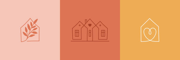 간단한 선형 스타일의 추상 로고 디자인 템플릿의 벡터 세트 - 아늑한 홈 엠블럼, 주택 과 식물은 집에 머물 - 소셜 미디어 이야기 하이라이트및 인테리어 상점과 디자이너를위한 게시물에 대한  - house stock illustrations