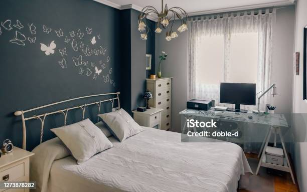 Double Bedroom With Home Office Stock Photo - Download Image Now - Home Office, Mural, Working At Home