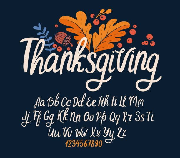Font thanksgiving day. Typography alphabet with colorful autumn illustrations. Font thanksgiving day. Typography alphabet with colorful autumn illustrations. Handwritten script for holiday party celebration and crafty design. Vector with hand-drawn lettering. non western script stock illustrations