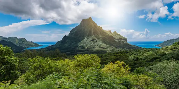 Beautiful landscape with Rotui mountain, Cook's Bay and Opunohu Bay on the tropical pacific island of Moorea, French Polynesia, Windward Islands, part of the Society Islands. Blue sky and white clouds on a sunny day.