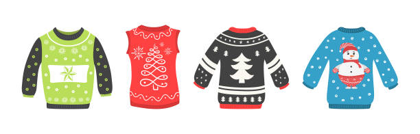 ilustraciones, imágenes clip art, dibujos animados e iconos de stock de pon suéter navideño. - ugliness sweater kitsch holiday