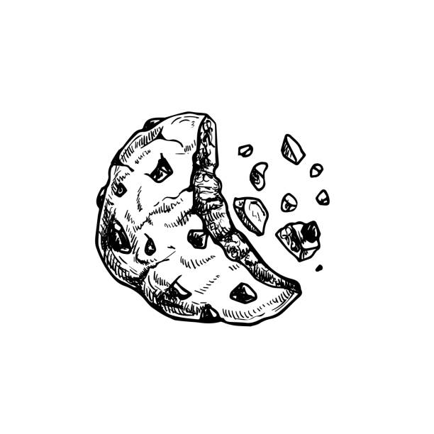 Chocolate chip cookie with crumbs. Top view. Hand drawn sketch style. Fresh baked. American biscuit. Vector illustration isolated on white background. Chocolate chip cookie with crumbs. Top view. Hand drawn sketch style. Fresh baked. American biscuit. Vector illustration isolated on white background. chocolate chip cookie drawing stock illustrations