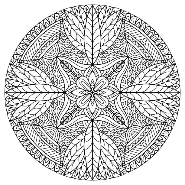 ilustrações, clipart, desenhos animados e ícones de ornamentos com folhas e flores formando uma mandala desenhada em um fundo branco para colorir, vetor - old book illustrations