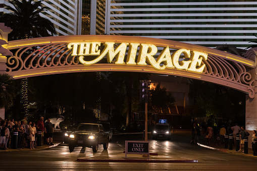 Las Vegas, USA - Sep 23, 2019:  The Iconic Mirage Hotel and Casino illuminating Las Vegas Boulevard in the early evening.