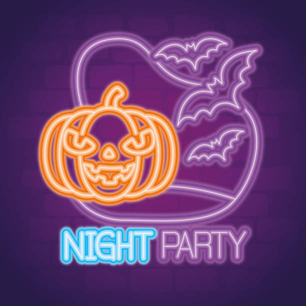 istock party halloween neon sign with pumpkin and bats flying 1273886911