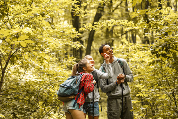 istock Group of young people hiking trough forest. 1273886938