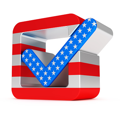 Check mark with American flag texture, check mark in steel box 3d illustration isolated on the white background. Checked or approve icon or correct choice sign. USA Vote concept. Voting rights and elections.