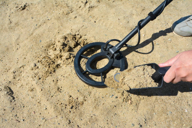 istock a man found a coin in the sand using a metal detector 1273888742