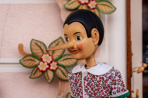 Cesenatico, Italy, July 2020: Wooden statue of Pinocchio with donkey ears and long nose. Pinocchio is the protagonist of a famous Italian fairy tale.