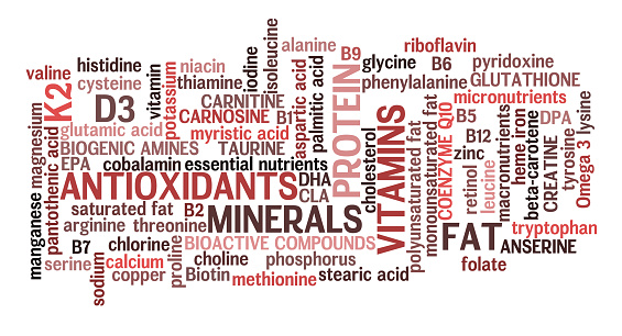 Horizontal red meat complete nutrition information word cloud in meat color scheme.