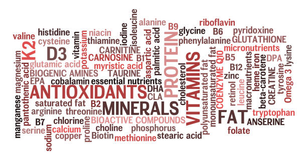 Red Meat Nutrition Information Word Cloud Horizontal red meat complete nutrition information word cloud in meat color scheme. micronutrients stock pictures, royalty-free photos & images