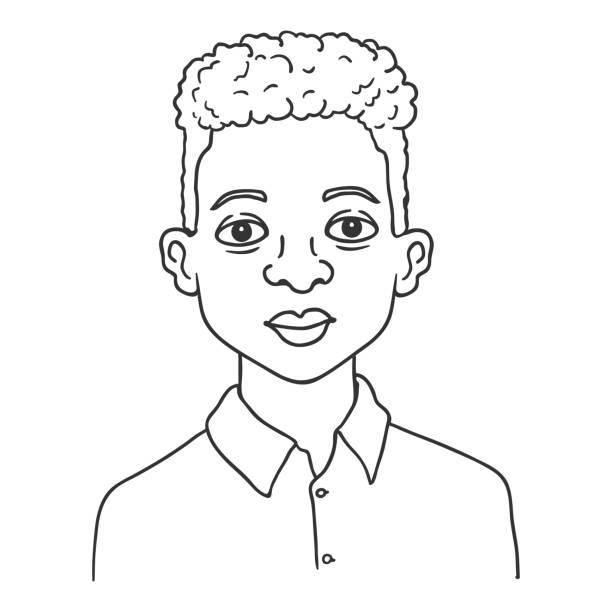 Vector Outline Avatar - African American Boy in Shirt. Vector Outline Avatar - African American Boy in Shirt. Schoolboy Character Portrait african american boy drawing stock illustrations