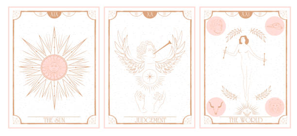 Set of Tarot card, Major Arcana. Set of Tarot card, Major Arcana. Occult and alchemy symbolism. The Sun, Judgement, The World. Editable vector illustration. tarot cards stock illustrations