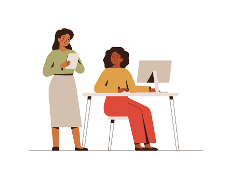 Businesswomen working on a joint project. Smiling female co-workers and entrepreneurs in the office on computers. Concept of business partnership and collaboration of girls. Vector illustration