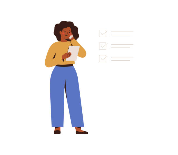 African American businesswoman plans work and sets the task priorities. African American businesswoman plans work and sets the task priorities. Confident black female entrepreneur holds tablet and talks on the phone. Concept of task completion, planning, time management. strategy clipart stock illustrations
