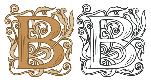Vintage initial letter B with baroque decoration Initial letter B with vintage Baroque decorations. Two vector uppercase letters B in beige and black-white colors. Beautiful filigree capital letter to use for monogram, logo, emblem, card, invitation fancy letter b drawing stock illustrations