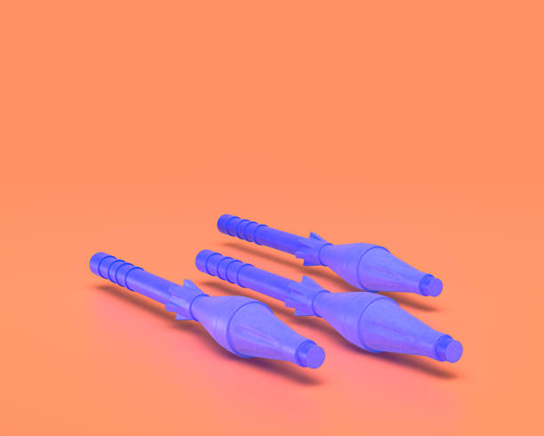 istock Plastic Weapon series, RPG rocket, Indigo blue arm in pinkish background, 3d rendering, war, battle and self protection, first person shooter game item 1273900494