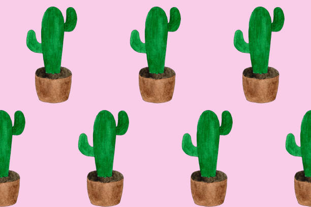 istock Seamless pattern with green cactuses in pots. Cartoon style print. Funny illustration. Funny watercolor doodle art. Children hand drawn picture. Positive summer illustration. Doodling style. Jpg file 1273901869