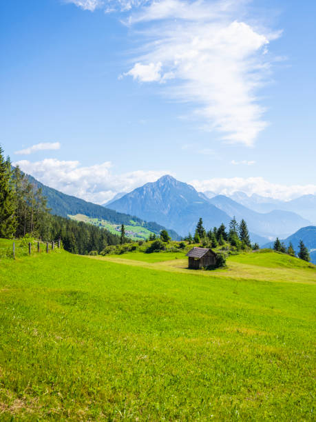 Landscape panorama with alpine meadow hut and mountains on the horizon in summer. Austria, Tyrol Alps, Europe, hiking, health, beautiful nature