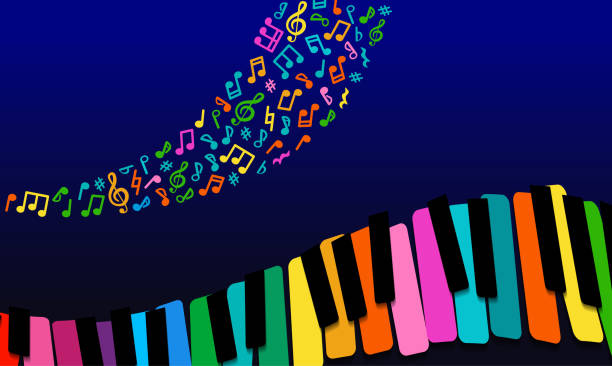 ilustraciones, imágenes clip art, dibujos animados e iconos de stock de abstraeción de la música. teclas de piano de papel arco iris sobre fondo azul. - light waving rainbow vector