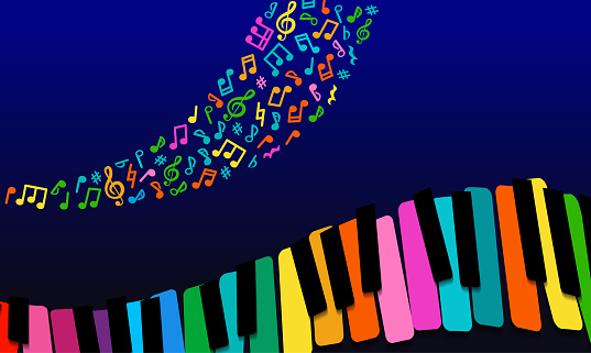 abstract Music background. rainbow paper piano keys on blue background. template banner for your text. Bright horizontal banner.