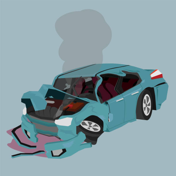 Blue sedan car was severely damaged. ฺBlue sedan car was severely damaged. Windows were broken.  Bonnet was distorted. Front wheels folded and the front bumper had broken apart. Unable to drive further. broken car stock illustrations