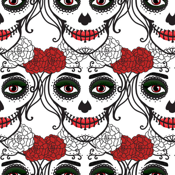 Seamless pattern. Catrina woman with make up of sugar skull. Dia de los muertos. Mexican Day of the dead. Vector illustration hand drawing Seamless pattern. Catrina woman with make up of sugar skull. Dia de los muertos. Mexican Day of the dead. Vector illustration hand drawing isolated on white background clip art of a dead rose stock illustrations