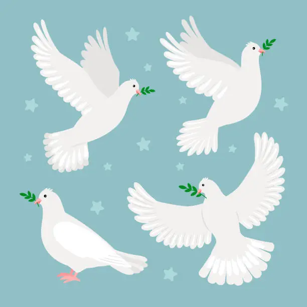 Vector illustration of Doves with olive branch. Concept of international day of peace, symbol of christmas or wedding