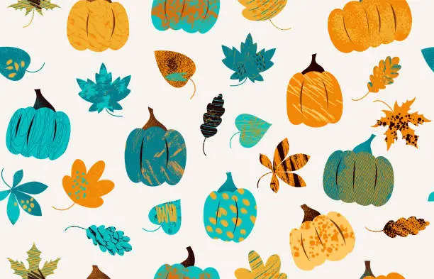 Vector illustration of Thanksgiving day seamless pattern with different leaves and pumpkings.