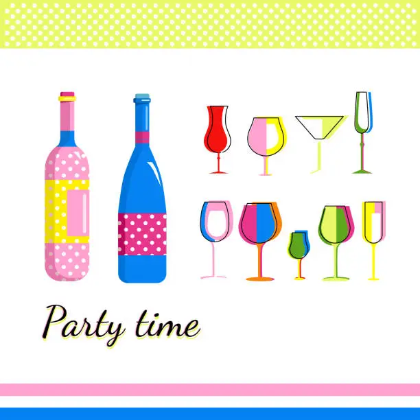 Vector illustration of Champagne bottles and different types,form wine glasses in Pop Art style.Collection for Home Party. Bar utensils in trendy colors.