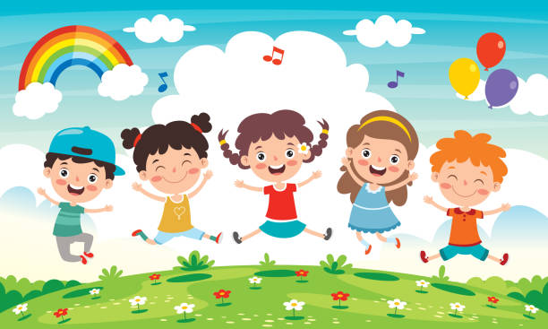 glückliche kleine kinder mit spaß - jumping little girls child teenage girls stock-grafiken, -clipart, -cartoons und -symbole