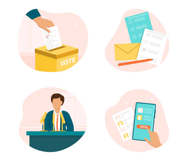 Election set with voting and campaigning Election set with voting and campaigning showing a ballot box, postal vote, online voting and a contestant speaking, colored vector illustration voting stock illustrations