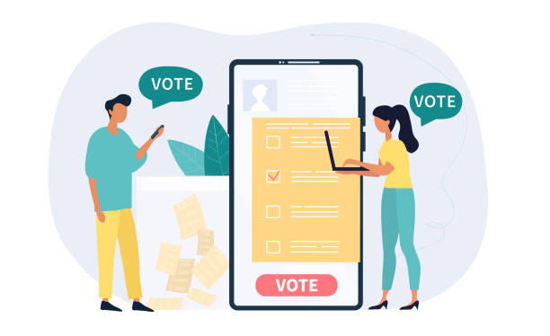Mobile or online voting for Elections Mobile or online voting for Elections showing two people and a voting app or ballot paper on a digital device, colored vector illustration election illustrations stock illustrations