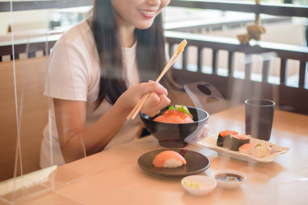 istock Woman is eating in Restaurant with social distancing protocol while lockdown City due to  Coronavirus pandemic 1273911747