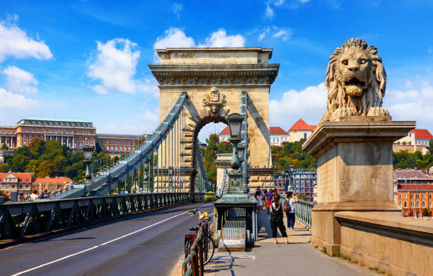 istock Chain bridge. Lion statue. Royal palace. Budapest, Hungary. 1273911985