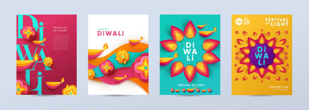 Happy Diwali Hindu festival modern design set in paper cut style with oil lamps on colorful waves and beautiful flowers of lights. Happy Diwali Hindu festival modern design set in paper cut style with oil lamps on colorful waves and beautiful flowers of lights. Holiday background for branding, card, banner, cover, flyer or poster deepavali stock illustrations