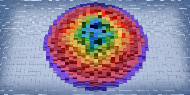 mehrfarbige metallprismen unterschiedlicher höhen in konzentrischen kreisen angeordnet - spectrum concentric three dimensional shape light stock-fotos und bilder