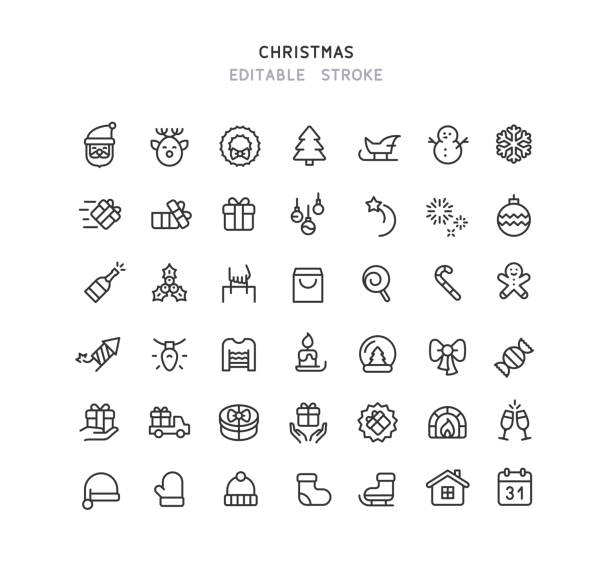 ilustraciones, imágenes clip art, dibujos animados e iconos de stock de 42 iconos de línea de navidad trazo editable - merry christmas