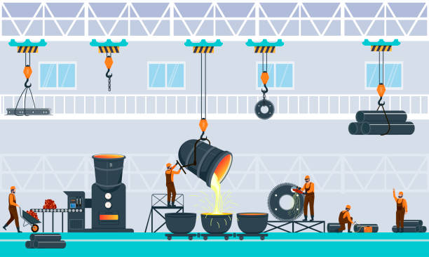 ilustraciones, imágenes clip art, dibujos animados e iconos de stock de concepto de metalurgia industria con fundiciones - foundry industry iron melting