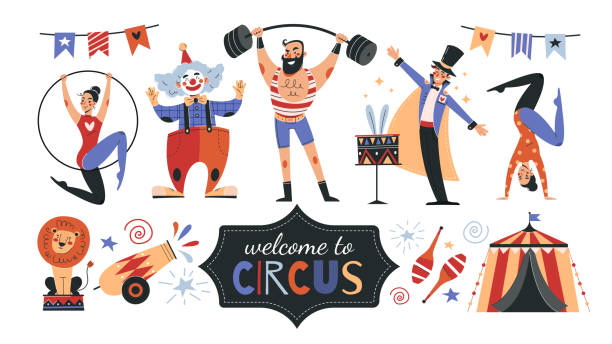 set von bunten zirkus-symbole und banner-text - akrobat stock-grafiken, -clipart, -cartoons und -symbole