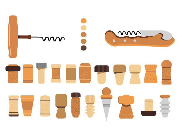 Cork stoppers collection. Different types and forms bungs and plugs for alcohol bottles. Tailspin for opening wine. Champagne production and packaging technologies.Isolated vector set on white background. Bar icons. cork material stock illustrations