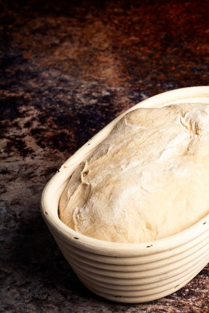 Banettone with bread dough fermenting on rusty textured background