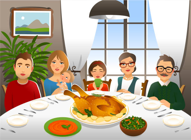 感謝祭のディナーを持つ家族 - parent thanksgiving eating food点のイラスト素材／クリップアート素材／マンガ素材／アイコン素材