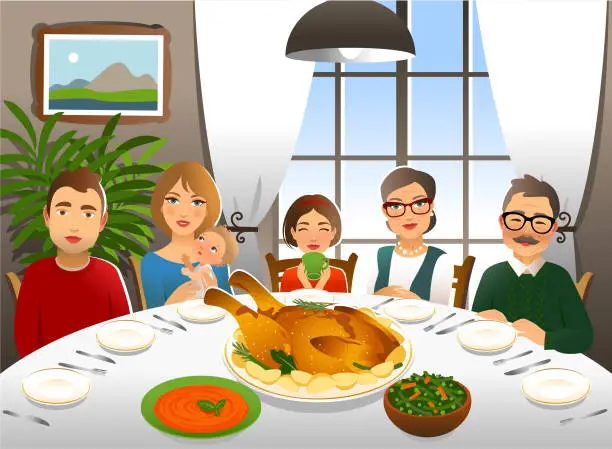 Vector illustration of Family having a Thanksgiving day dinner