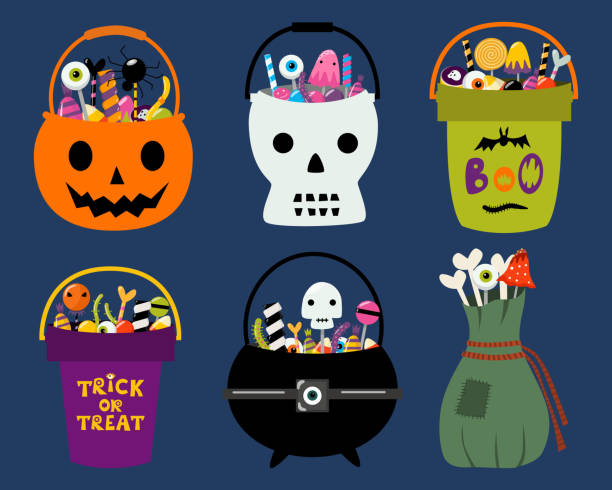 ilustrações, clipart, desenhos animados e ícones de conjunto de 6 doces de halloween ou sacos de guloseimas. balde, caldeirão, abóbora, crânio, bolsa cheia de doces assustadores e doces. enganar ou tratar baldes de crianças. ilustração do vetor isolada em branco. elementos de design. - candy