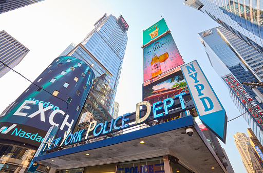 New York, USA - August 15, 2015: New York police department station at Times Square.