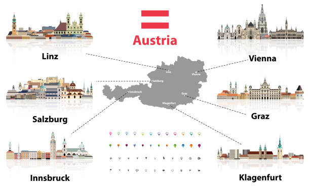 österreich karte mit den wichtigsten österreichischen städten skylines flachen stil bunten ikonen. navigations- und positionssymbole festgelegt. vektor-illustration - linz austria upper austria roof stock-grafiken, -clipart, -cartoons und -symbole