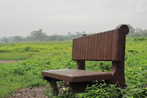 wooden brown bench in green land in morning at Ankleshwar India