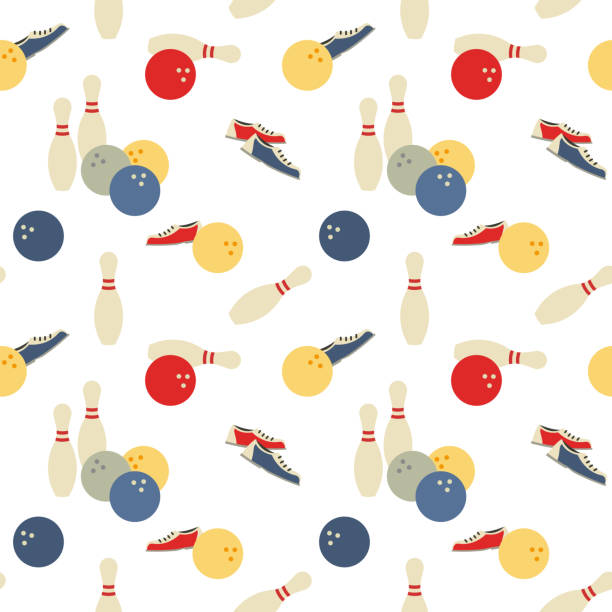 Bowling sport game signs seamless vector pattern Bowling team game signs seamless vector pattern. Bowling ball, pin, shoes cartoon design element. Sport club advertisement template. Fashion textile print, paper wrapping, web background illustration bowling strike stock illustrations